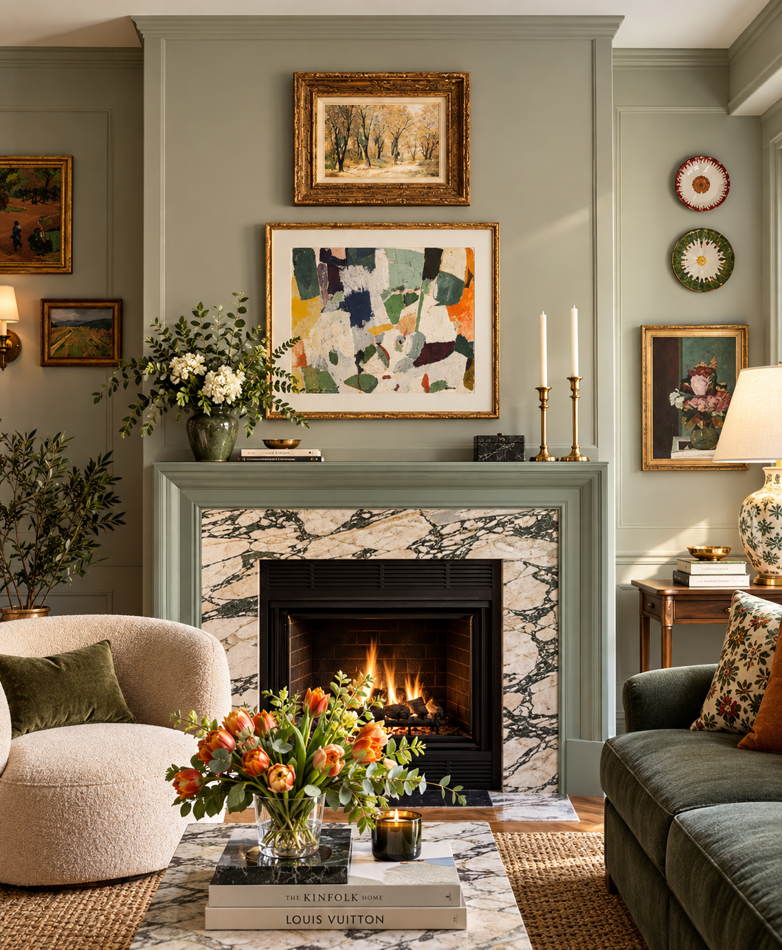 Living con chimenea, galería de cuadros y platos decorativos en la pared