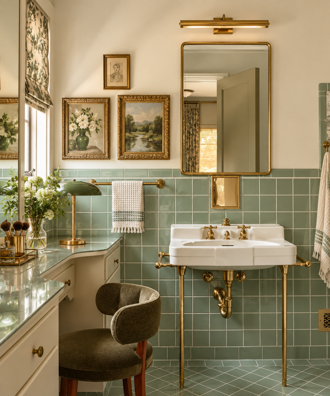 Baño con galería de cuadros de marcos gruesos dorados